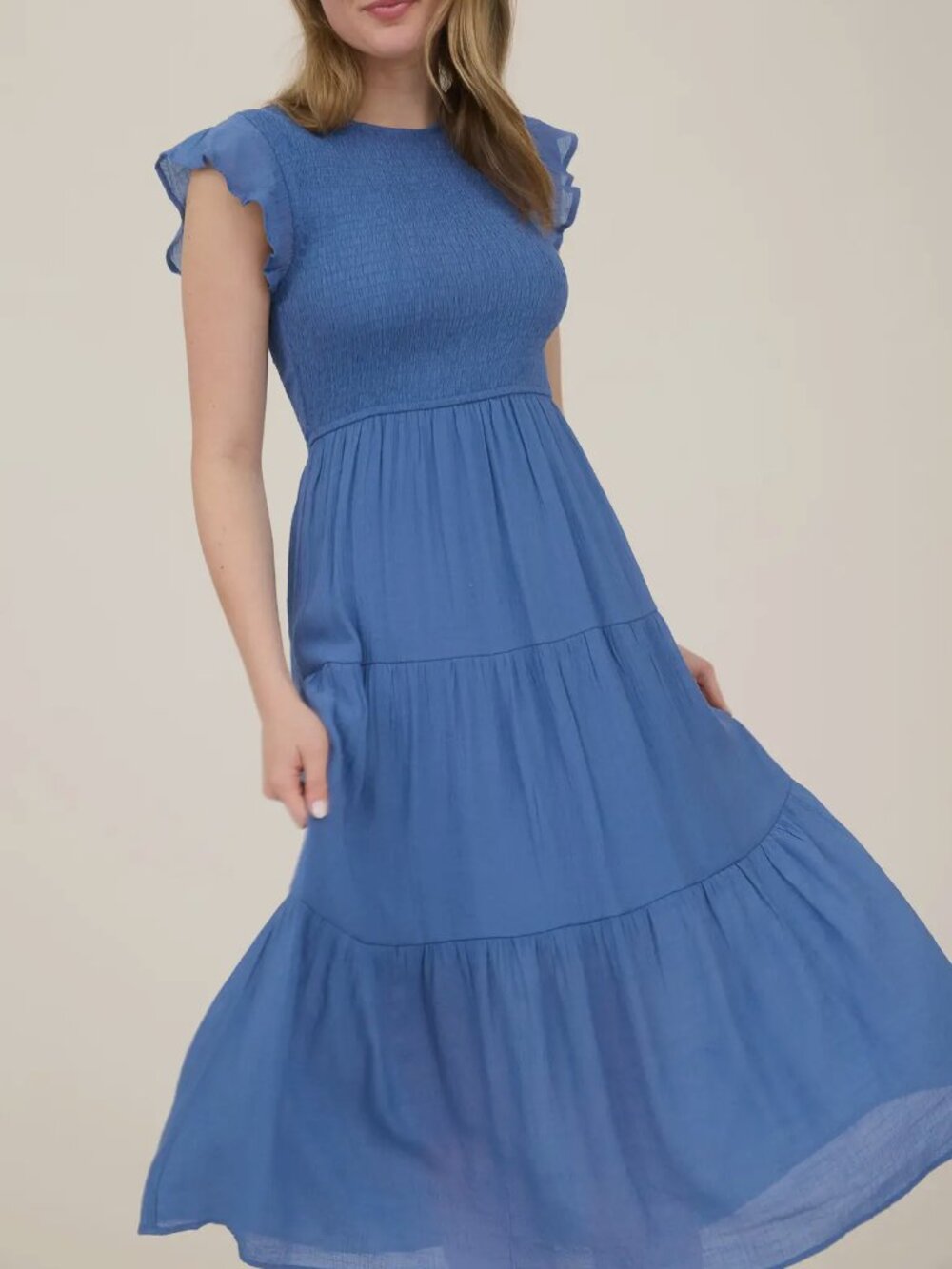 Blue  Pepper Dusty Blue Smocked Tiered Midi Tiered Dress - Picture 4 of 4